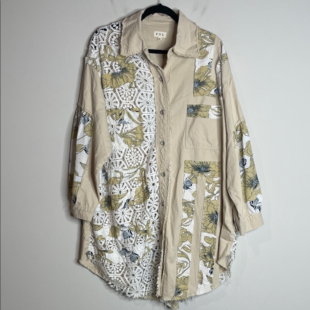 POL | Women’s Collared Button Up Overcoat Floral Crochet Details Size Medium